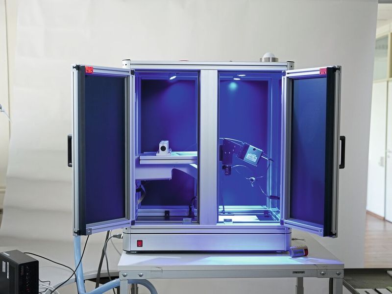Das UV Hyperspectral Imaging System bereit für den Einsatz: Das während der Aufnahme geschlossene Enclosure mit Warnlampe schützt den Mitarbeitenden vor schädlicher UV-Strahlung der UV-Lampe. (Bild: Inno-spec GmbH)