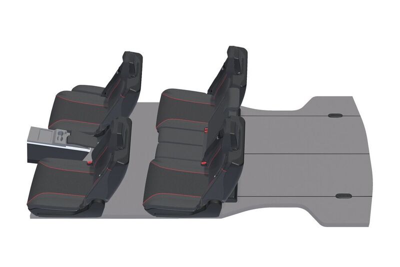 In der Ausgangsposition sind beim neuen Sitzkonzept von Brose wie üblich fünf Sitzplätze. In der Grafik sind die in den Boden eingelassenen Sitzschienen und zwei Cargo-Module (rechts) erkennbar. (Brose)