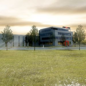 So soll der Neubau aussehen: Vorne das Verwaltungsgebäude, Fertigstellung Ende 2014, dahinter zwei Fertigungshallen, die bereits Ende 2013 bezugsfertig sein sollen.