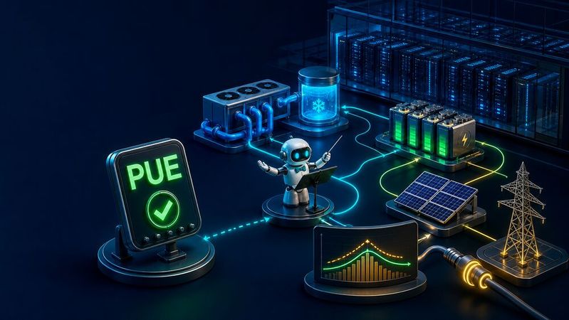 PUE zeigt Effizienz. Intelligente Laststeuerung entscheidet darüber, wie viel Rechenleistung ein Standort aus seiner verfügbaren Energie- und Netzkapazität herausholt, so Torge Lahrsen.(Bild:  Daniel Schrader / GPT Image 2 / KI-generiert)