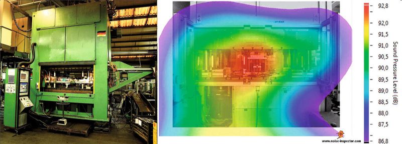 Bild 2: Eine hydraulische 500-t-Servopresse (l.) und die exemplarische Erfassung einer Schallquelle mit einer akustischen Kamera an einem Umformwerkzeug. (Bild: PtU)