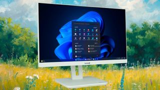 Hinter dem 27-Zoll-Full-HD-Display des All-in-One-PC 2710HA sitzt ein Mainboard mit einem Intel-Ultra-5-225-Prozessor. Der weiße Rechner gehört zur Greenline-Serie des Herstellers. (Bild: Canva / KI-generiert, Wortmann)