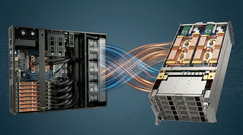 Comino und Megware kooperieren bei Entwicklung flüssigkeitsgekühlter HPC-Hardware. Im Bild die Server „Comino Grando“ und „Megware Eureka“.(Bild:  Comino / Megware / Gemini 3.1 Flash (Fusion und Aufbereitung)  / KI-generiert)