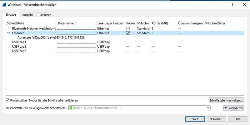 In den Optionen lassen sich auch die Netzwerkschnittstellen auswählen, die analysiert werden sollen. Außerdem kann hier der promiskuitive Modus aktiviert werden.  (Joos / Wireshark.org)