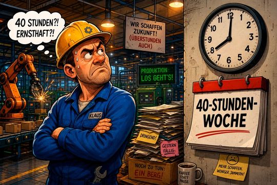 Wenn man seit vielen Jahren die 35-Stunden-Woche gewöhnt ist, schnappt man bei der Forderung seitens der Arbeitgeber, wieder 40 Stunden zu arbeiten, durchaus und verständlich ein. Doch wenn die Gewerkschaft nicht darauf eingeht, kann das weitere Jobs kosten ...(Bild:  KI-generiert)