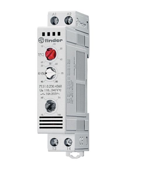 Das neue Multifunktions-Thermo-/Hygrostat 7T.51 ist nur 17,5 mm breit, mit ihm lassen sich insgesamt vier verschiedene Funktionen realisieren. (Finder)