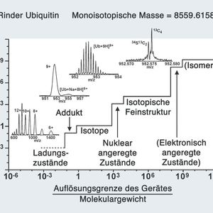 Abb.1: Die Massenspektrometrische Auflösung verbessert sich durch eine Anzahl von Schritten für Elektrospray behandelte Biomoleküle