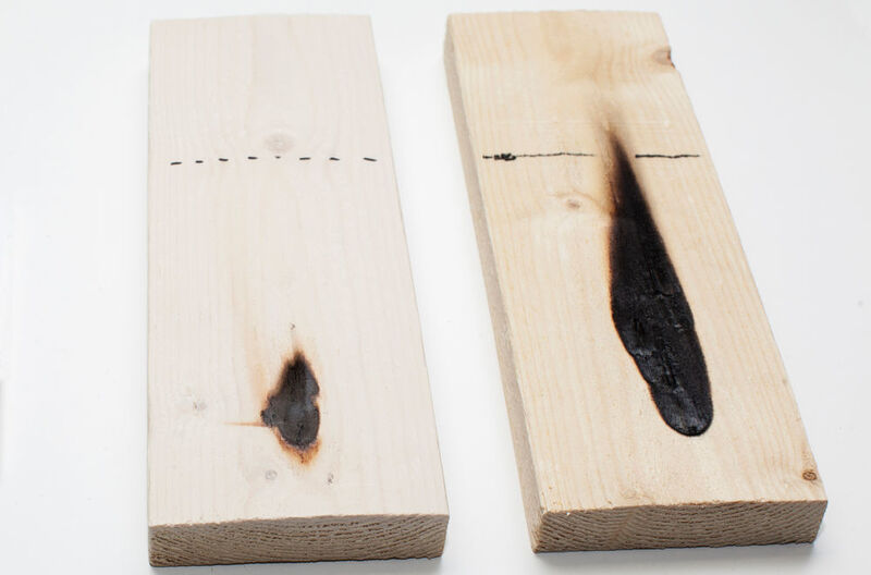 Hefcel-coated wood (left) and untreated wood (right) after 30 seconds flame test. (VTT)