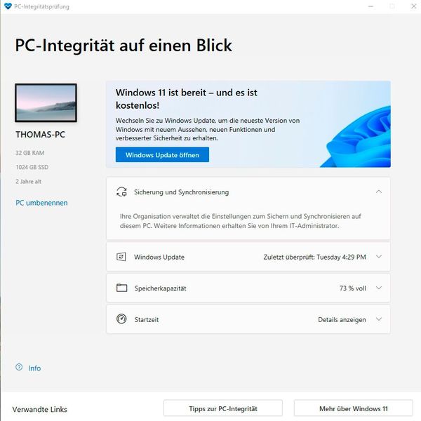 Microsoft-Tool für die Überprüfung der Kompatibilität mit Windows 11. (Bild: Joos / Microsoft)