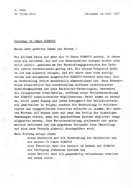 Ausriss aus dem Manuskript von Rolf Hahn, der im Juni 1967 in einem Vortrag in Erlangen auf 10 Jahre Simatic zurückblickte. (Siemens)