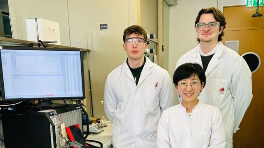 Dr. Dandan Gao mit ihren Mitarbeitern Christean Nickel (l.) und David Leander Troglauer (r.)(Bild:  Jennifer Christina Schmidt)