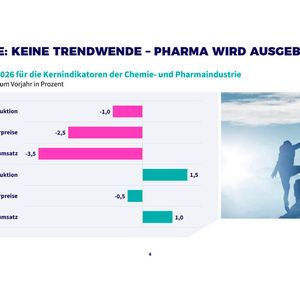 Die Prognose für 2026 zeigt einen weiteren Chemieproduktions-Rückgang von 1% und auch die Pharma wird ausgebremst.(Bild:  VCI)