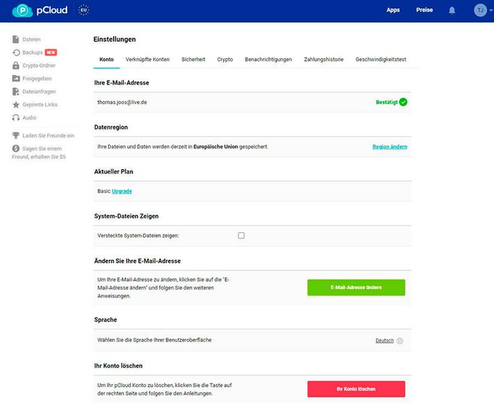 Einstellungen von pCloud anpassen. (Joos)
