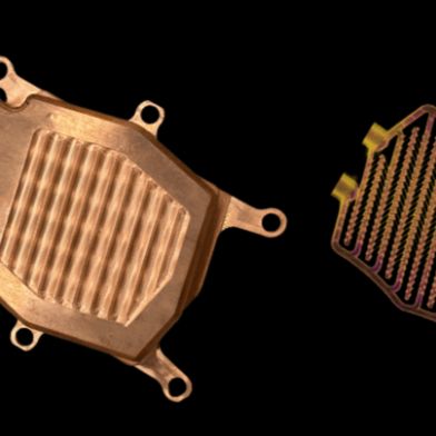 Left: Alloy's direct liquid cooling cold plate for an AMD-MI300 GPU, Right: CT scan showcasing internal microchannels of the cold plate.

 (Image: Alloy Enterprises)