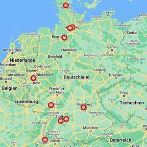 Das waren die zehn Stationen, an denen die Jury auf ihrer Rundreise Halt gemacht hat. Zwischen Lörrach ganz im Süden und Flensburg ganz im Norden liegen gut 1.000 Kilometer und über zehn Stunden Fahrt.(Bild:  Screenshot/Google Maps)