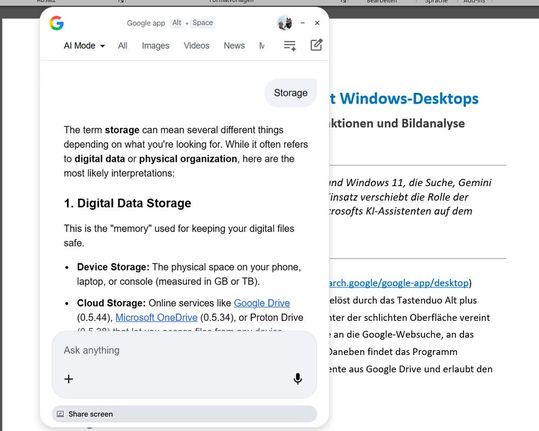 Die Google-Desktop-App kann in Windows im Internet suchen, Gemini und Google Lens nutzen sowie lokale Datenträger durchsuchen.(Bild:  Joos – Google)