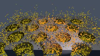 Periodische Metaoberflächen (grau) können die Photon Aufkonvertierung durch Nanoteilchen (gelb) um mehr als drei Größenordnungen steigern. (Bild: BAM/Christian Würth)
