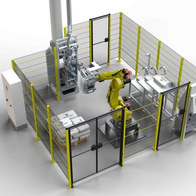 Amicus Smart Cell: Palettier- und Depalettierroboter führt automatisch leere Säcke einem Sackaufsetzer zu und palettiert fertige Produkte. (Bild: Haver & Boecker)