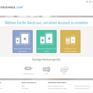 Um die eigene Website bei Mydigipass.com zu registrieren, benötigt man zunächst selbst einen Account auf dieser Plattform und die App zur Generierung von Einmalpasswörtern. Auf www.mydigipass.com wählt man dafür ggf. zunächst seine Sprache aus und dann über den Link „Anmelden“ seine Hard- bzw. Software-Plattform.