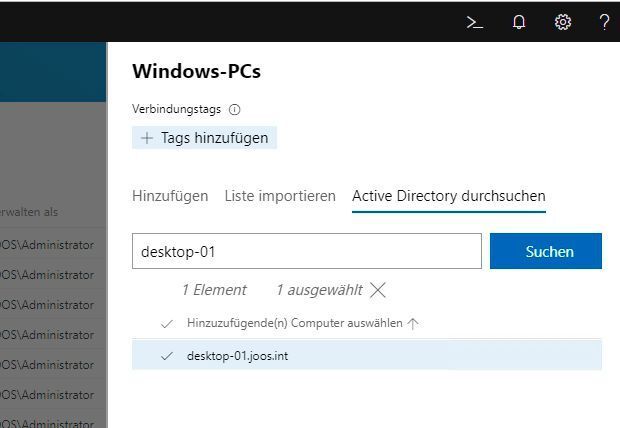 Windows-PCs lassen sich im Windows Admin Center anbinden. Dazu kann auch das Active Directory durchsucht werden. (Joos / Microsoft)