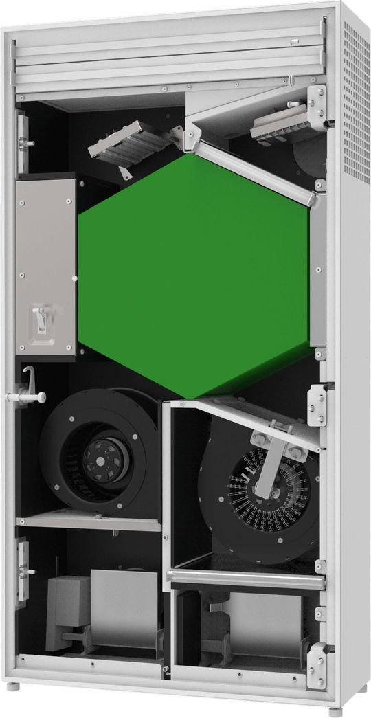 (Im Vordergrund der Entwicklung stand dabei eine angemessene Luftförderleistung bei gleichzeitig niedrigem Stromverbrauch. Über die Wärmerückgewinnungsfunktion und den integrierten Gegenstrom-Wärmetauscher mit Enthalpiemembran wird außerdem verhindert, dass bei kalten Temperaturen zu viel Wärme verloren geht, wie es bei der normalen Fensterlüftung der Fall ist.Quelle: Blauberg Ventilatoren GmbH)