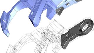 Für dieses rund 70 mm lange und nur 13 Gramm leichte Hybrid-Bauteil einer Kfz-Heckschließanlage, bei der Lüttgens ein Metall-Feinstanzteil mit einem hoch glasfaserstärkten Polyamid umspritzt, hat das Unternehmen auch das Werkzeug und die Handlingeinrichtung entwickelt und gebaut. (Bild: Lüttgens)