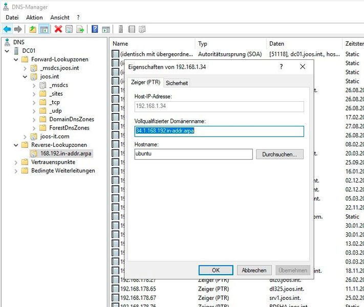 Erstellen eines PTR-Eintrages für die Namensauflösung des BIND-Servers aus Active Directory. (Bild: Joos / Microsoft)