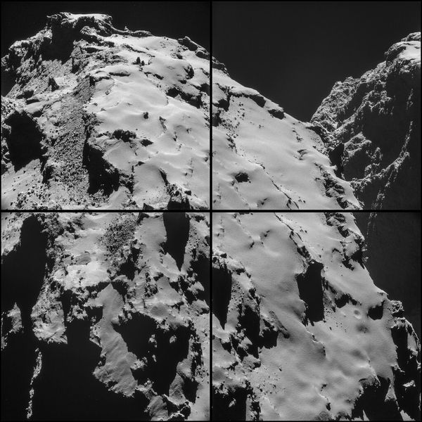 Montage aus vier Einzelaufnahmen, die die Navigationskamera an Bord der Raumsonde Rosetta am 28. Oktober 2014 vom Kometen 67P/Churyumov-Gerasimenko gemacht hat. Sie entstanden aus etwa 7,7 km Entfernung zur Oberfläche des Kometen. (Bild: ESA)