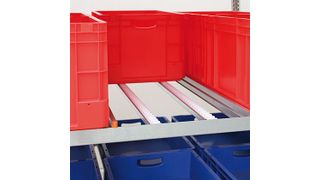 Jede Regalebene besteht aus drei oder vier Rollenbahnen mit jeweils zwei Rollenleisten und mit einer vorderen Anschlagleiste zur Sicherung der Lagerbehälter. Bild: Regalwerk (Archiv: Vogel Business Media)