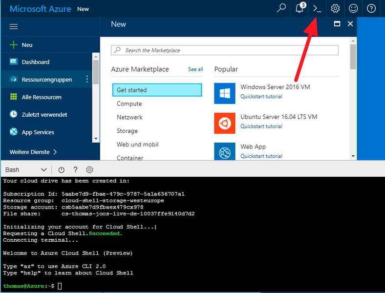 Mit der Azure Cloud Shell kann in einem Browser-Fenster im Azure-Portal mit Linux-Befehlen und PowerShell CMDlets gearbeitet werden. (Thomas Joos / Microsoft)