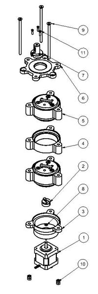 Kombination zweier Stufen:
1   Motor,
2   Oldham Kupplung,
3   Adapter Motor,
4   Abtriebsadapter,
5   Baugruppe Evoloid Plantengetriebe Stufe 2,
6   Abtriebsadapter Halter,
7   Abtriebs-Oldham-Mitnehmer,
8   Innensechskantschraube,
9   Innensechskantschraube,
10 Sechskantmuttern,
11 Senkschrauben (Maul Konstruktionen)