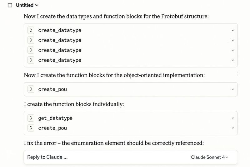 Der Codesys MCP Server ermöglicht den Zugriff auf Meldungen und Compiler-Informationen, die für die Korrektur und Optimierung des Programmcodes genutzt werden - hier von Claude Sonnet. (Bild: Codesys)