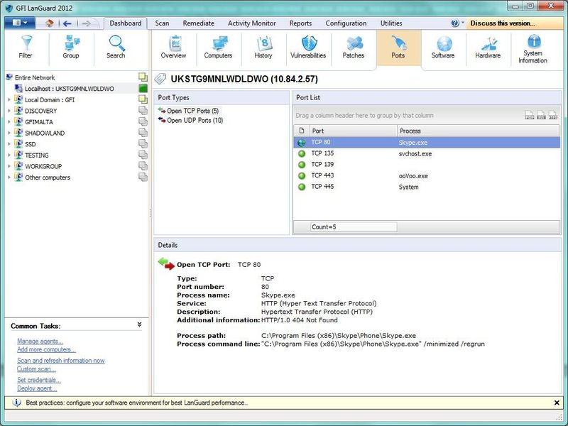 Für die Sicherheit des Netzwerks spielen auch offene Ports eine entscheidende Rolle, da unerwartete offene Ports oft Angriffsmöglichkeiten für Malware bieten und von Hackern für den Zutritt zu einem Computer oder dem gesamten Netzwerk ausgenutzt werden können. Überprüft werden sowohl TCP- als auch UDP-Ports. Offene Ports werden mit einer Datenbank auf Schwachstellen abgeglichen, um beispielsweise einen bestimmten TCP-Port zu erkennen, der häufig von Trojanern verwendet wird. (Bild: GFI Software)