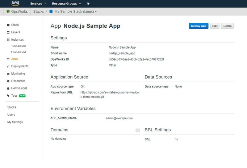 Die Beispiel-App „Node.js Sample App“ kann der Admin entweder mit „edit“ bearbeiten oder mit „deploy“ direkt ausrollen. (Drilling / AWS)