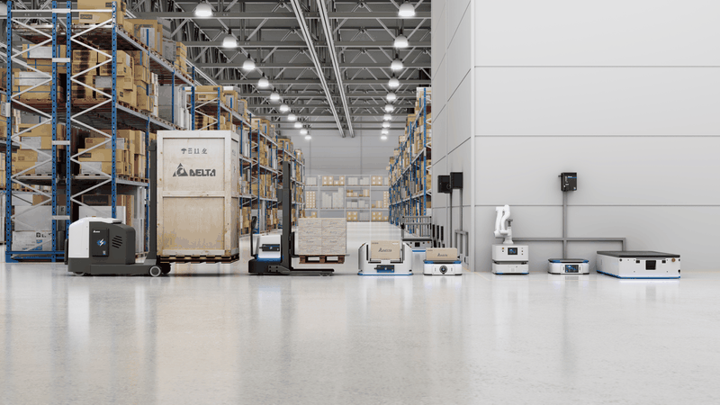 Automatisierte Flotten aus Staplern, AGVs und AMRs mit konduktiver und induktiver Ladeinfrastruktur, realisiert mit dem MOOV-Portfolio (Modular, Optimal, Open and Versatile) von Delta Electronics – weltweit im Einsatz für über eine Million geladene Fahrzeuge.(Bild:  Delta Electronics)
