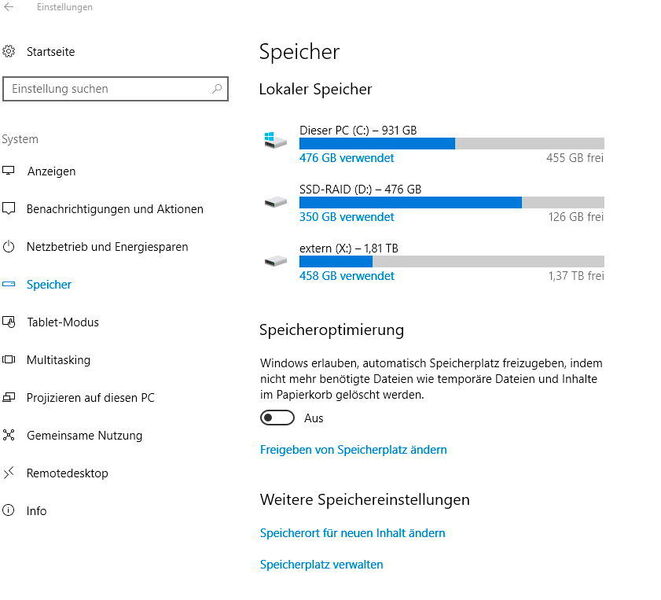 Die Speicheroptimierung bereinigt Windows 10 automatisch und erleichtert die Verwaltung des Speichers von Arbeitsstationen mit Windows 10. (Th. Joos)
