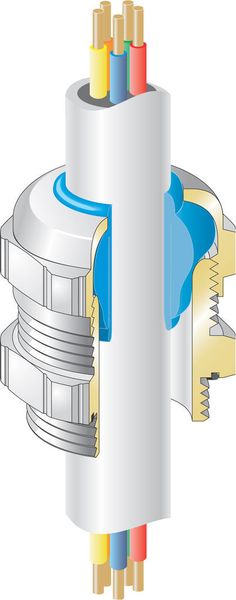 Der blaue Dichteinsatz der blueglobe schmiegt sich beim Anziehen der Druckschraub großflächig an das durchgeführte Kabel an. Dieses Konzept erreicht mehr Zugentlastung, hohe Vibrationssicherheit und eine Schutzart von IP 68.  (Bild: Pflitsch)