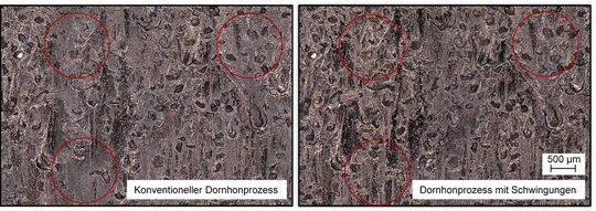 Bild 1: Forscher der TU Berlin beweisen, dass man bei der Feinbearbeitung auf KSS verzichten kann. Vergleich von Honleisten-Oberflächen beim Prozess mit und ohne zusätzliche Schwingungen. Bild 1: Forscher der TU Berlin beweisen, dass man bei der Feinbearbeitung auf KSS verzichten kann. Vergleich von Honleisten-Oberflächen beim Prozess mit und ohne zusätzliche Schwingungen.