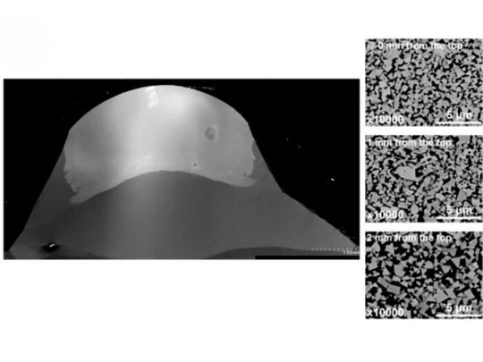 Scanning electron microscope image of a cemented carbide mold at the final stage of formation, produced using a laser-leading method with a Nickel-based alloy inserted in the middle layer.(Source:  Keita Marumoto/ Hiroshima University)