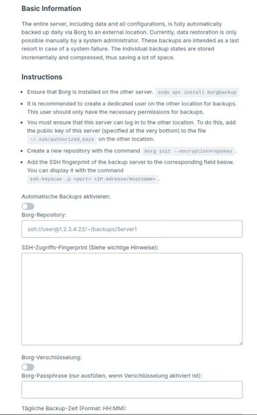 Der Backup-Assistent im Portal nennt die nötigen Schritte für ein entferntes Borg-Ziel und stellt Felder für Repository-Adresse, SSH-Fingerprint, Verschlüsselung und Passphrase bereit. (Bild: Joos – Libre Workspace)