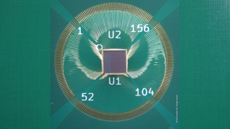 Gebondeter Chip: Das RISC-V Secure Element ist auf einem Träger befestigt und über Bonddrähte elektrisch mit ihm verbunden.(Bild:  Fraunhofer IIS / Jürgen Ernst)