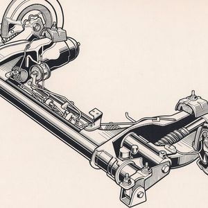 Auch der BX GTi ist mit der bekannten hydropneumatischen Federung ausgestattet, im Vergleich zu anderen Versionen der Baureihe wurde sie straffer abgestimmt, um seinen sportlichen Charakter zu unterstreichen. Dennoch: Im Gegensatz zu etlichen Mitbewerber bot und bietet der BX GTi deutlich mehr Komfort. Man beachte die extrem platzsparende Bauweise der Hinterachse.(Bild:  Citroën / Slg. Immo Mikloweit)