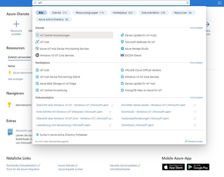 In der Weboberfläche des Azure-Portals stehen auch im kostenlosen Probe-Abo die verschiedenen IoT-Dienste bereit, die für Azure Industrial IoT zum Einsatz kommen können.  (Bild: Thomas Joos)