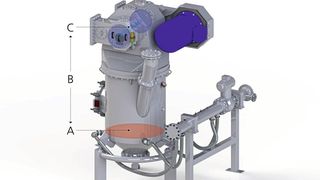 Mit TDG-Gegenstrahlmühlen sind feine Graphitqualitäten bis zu 2,5 µm möglich, hier eine Mühle mit Gasverteilereinheit. Das gemahlene Produkt verlässt den Mahlbereich (A) innerhalb einer permanenten Aufwärtsströmung in Richtung der Sichterrades (C). (Bild: Hosokawa Alpine)