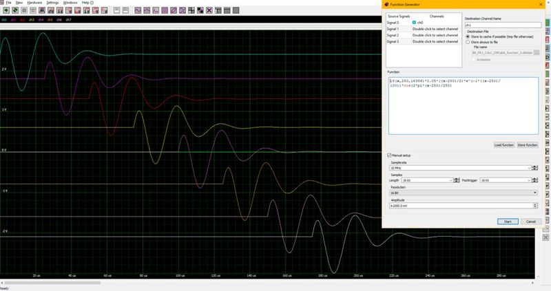 Bild 4: Der Gleichungseditor in SBench 6 erzeugt acht Ultraschallimpulse mit präzisen Zeitverzögerungen. Das Signal ist eine amplitudenmodulierte Kosinuswelle mit 40 kHz.