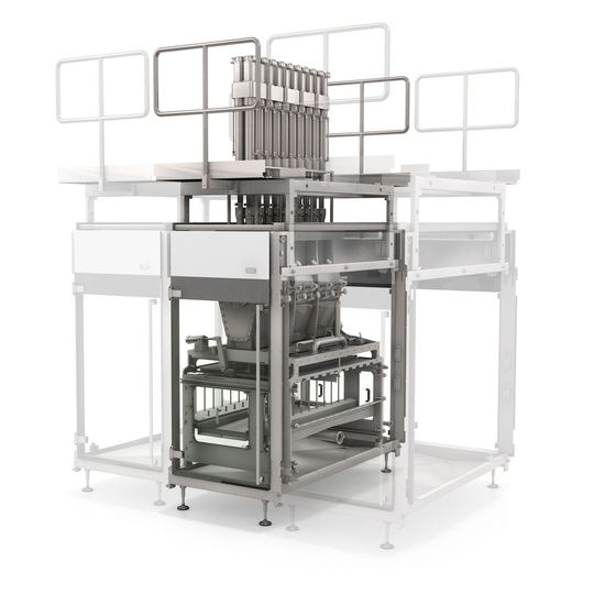 Der neue KHS-Stückchendoseur für funktionale Milchdrinks ermöglicht die schonende Füllung von Stückchen mit bis zu 10 x 10 x 10 Millimetern Kantenlänge.(Bild:  KHS)