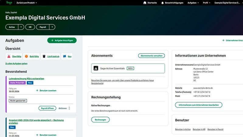 Mit nur einem Login ermöglicht die Startseite den nahtlosen Zugriff auf alle integrierten Module von Sage Active.(Bild:  Sage)