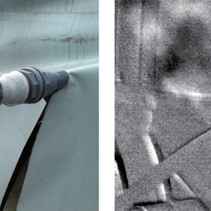 Im sichtbaren Bereich des Spektrums erkennt man nichts. Die Wärmebildkamera, in diesem Fall eine Flir-GF-320, visualisiert das Gasleck an einer Kabeldurchführung als schwarzen Rauch im (bewegten) Videobild.