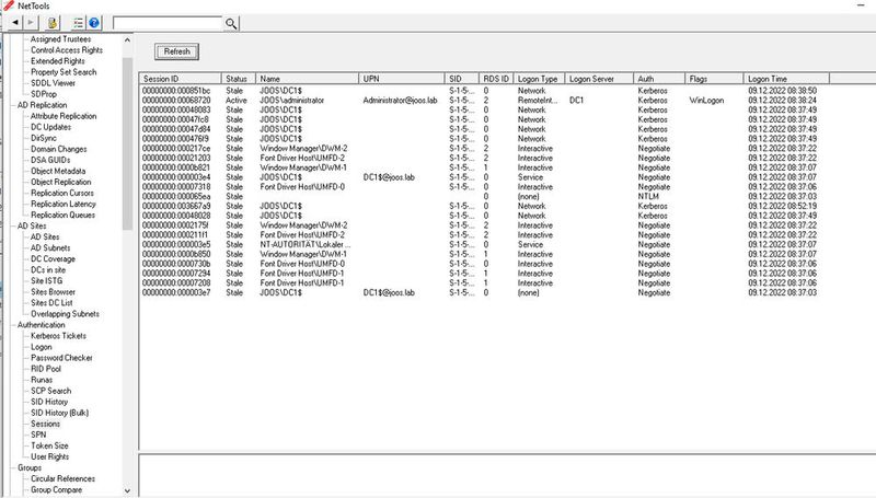 Die verschiedenen Sessions in AD können ebenfalls mit NetTools ausgelesen werden, um Anmeldungen zu verifizieren. (Bild: NetTools / Joos)