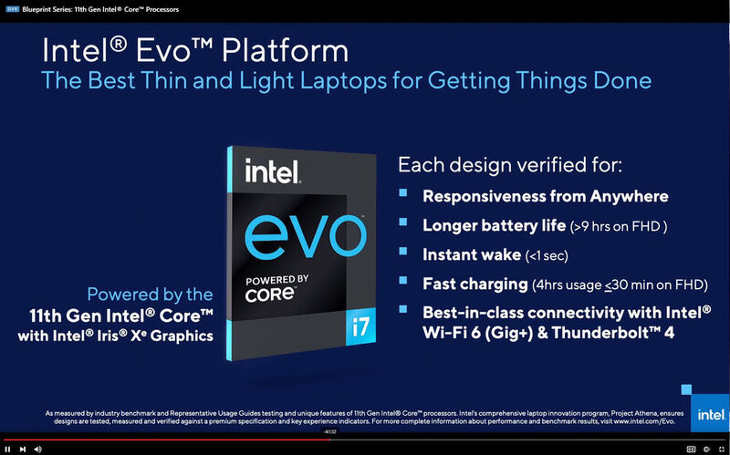 Für die neue CPU hat Intel eine neue Plattform mit dem Namen Evo aus der Taufe gehoben. Sie basiert auf dem Projekt Athena und macht für die Notebookhersteller Vorgaben, die ihre Geräte erfüllen müssen, um das Logo zu tragen. (Intel)